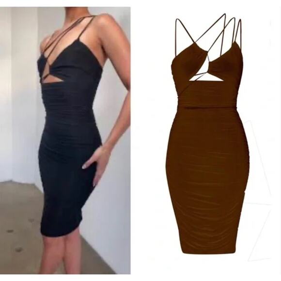 NWT LEAU Seoul Strap Cut-out Mesh Bodycon Dress Strappy Ruched Brown Sz XS Sexy - Picture 3 of 12